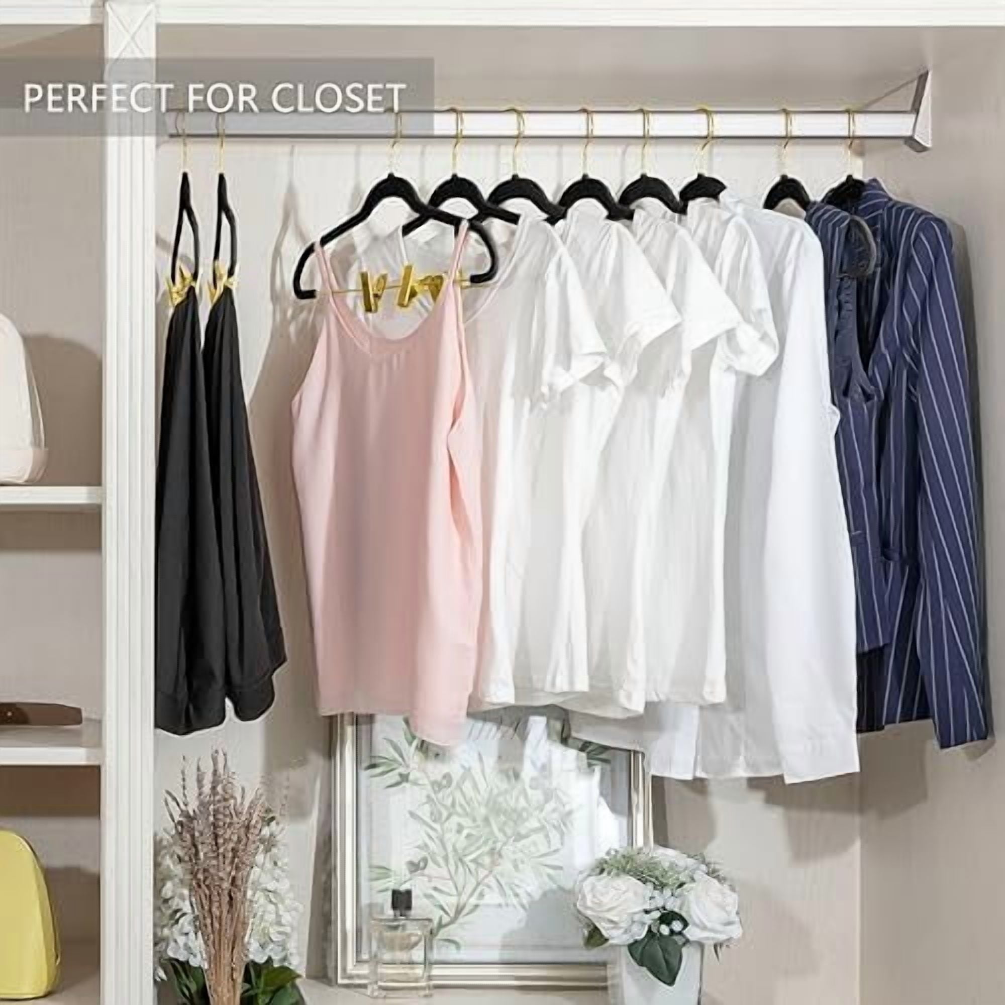 Premium Velvet Pants Hangers with Adjustable Clips (Pack of 20) Slim Skirt Hangers- Non Slip Felt Outfit Dress Hangers Black - Gold Hooks,Space Saving Shirt Clothes Hangers