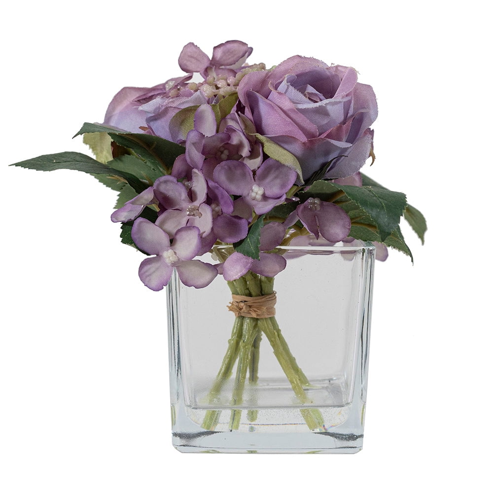 Rosa Y Hortensia Morados En Florero Cuadrado De Vidrio 16 Cm