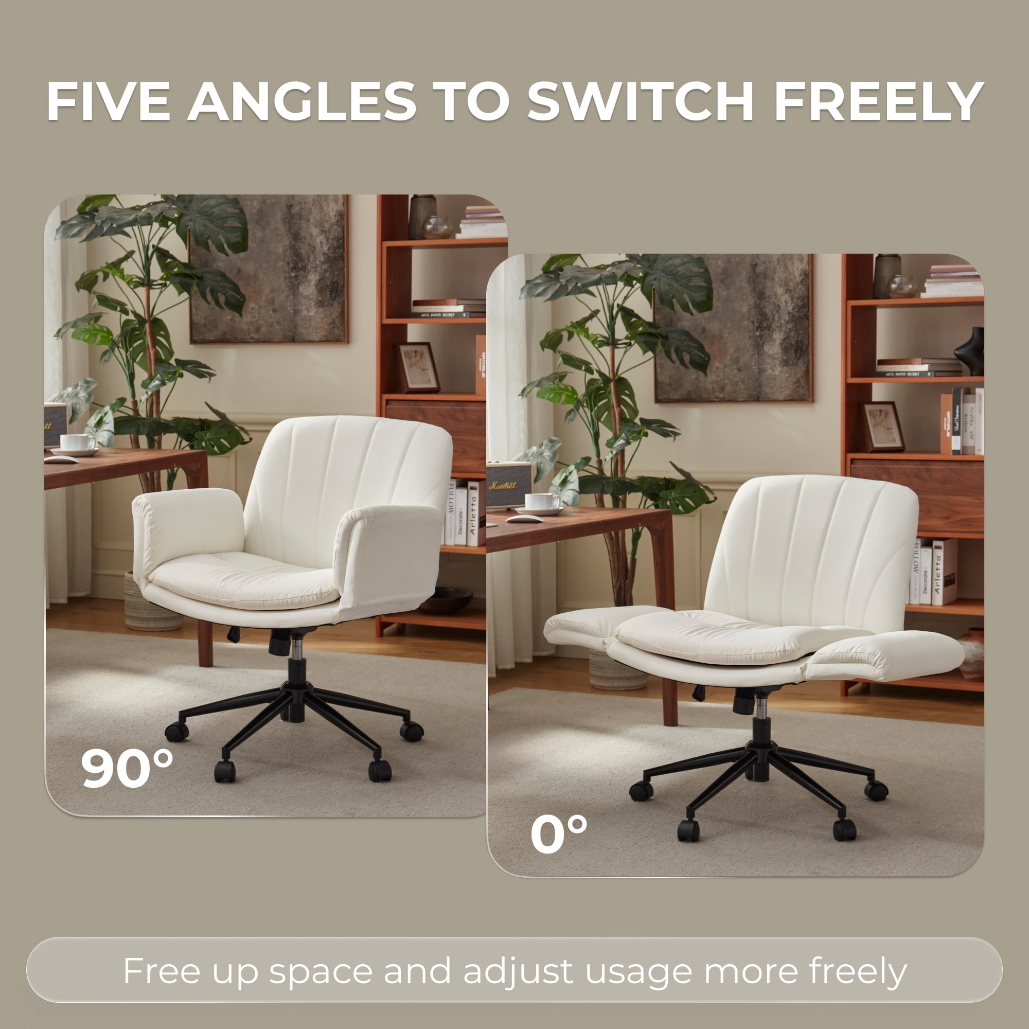 GOOSEA Adult PU Leather Criss Cross Indoor Makeup and Gaming Swivel and Adjustable Arms Office Chairs, Beige