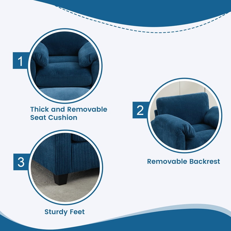 RIAFUN Single Sofa with Ottoman, Corduroy Accent Armchair Convertible Sectional Couch for Living Room Bedroom Reading Room, Navy