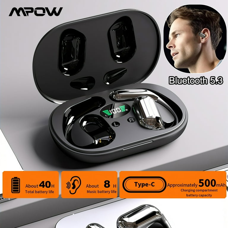 Mpow Bluetooth Open Earphones, Immersive Sound Effect Touch-control  Non-in-ear Headphones, Electroplating Headset with Charging Case for Sport, 