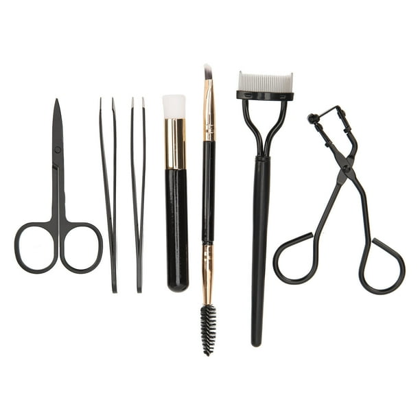 Juego de 7 herramientas de maquillaje para cejas, pestañas, rizador, tijeras y pinzas, color negro.