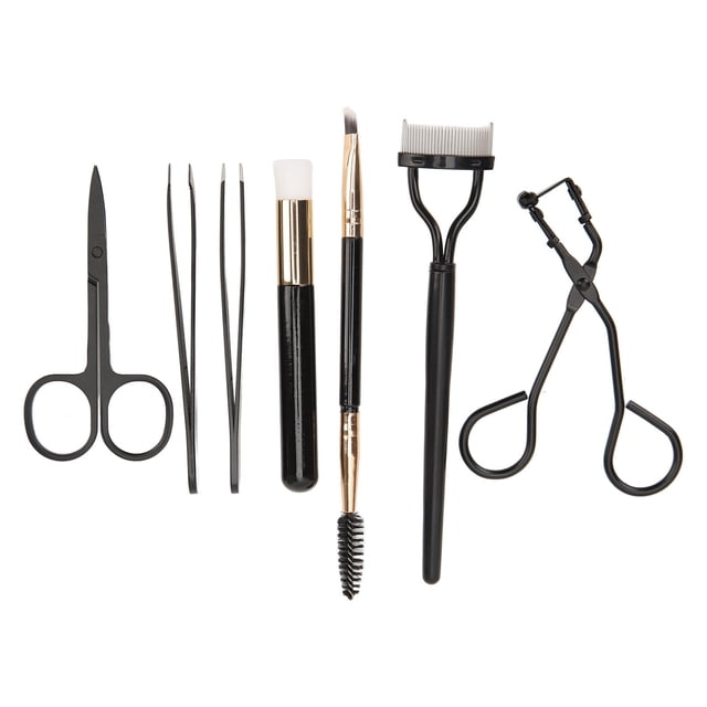Juego de 7 herramientas de maquillaje para cejas, pestañas, rizador, tijeras y pinzas, color negro.