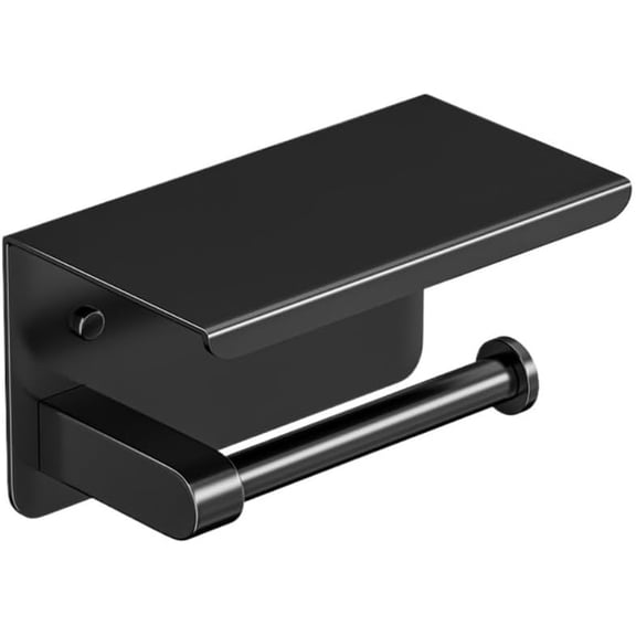 Carestrong Self Adhesive Toilet Paper Holder with Phone Shelf Stainless Steel Wall Mounted Paper Towel Holder - Rustproof and Bathroom Washroom Tissue Roll Holder with Shelf - Black