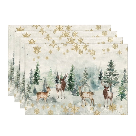 Smile Watercolor Deer Trees Snowflakes Winter Christmas Placemats Set of 4, 12 x 18 Inch