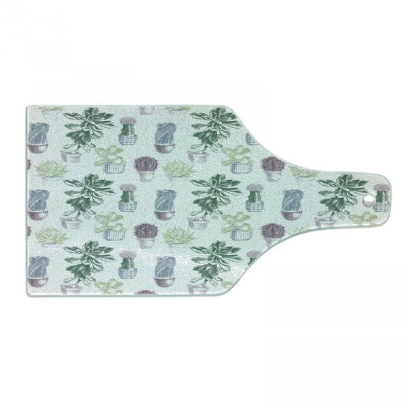 Cactus Cutting Board, Mexican Local Flora Succulents Indigenous Foliage in Flower Pots Domestic Flora Art, Tempered Glass Cutting and Serving Board, Wine Bottle Shape, Multicolor, by Ambesonne