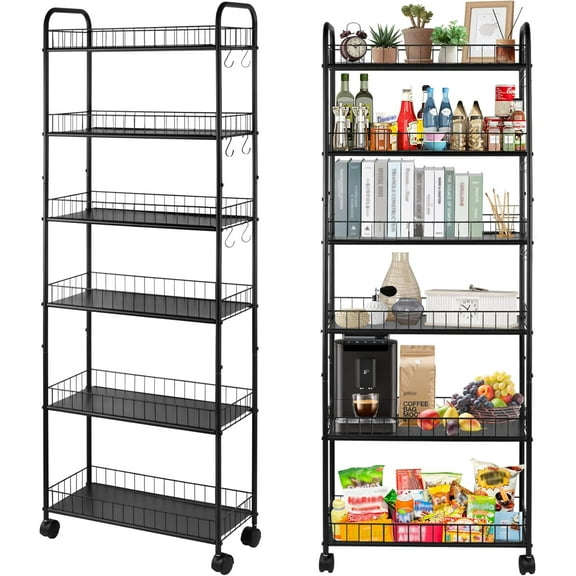Honey-Can-Do 6-Tier Slim Rolling Organizer Cart, Tall Narrow Storage with Locking Wheels for Kitchen, Bathroom & More, 10" Deep, Black