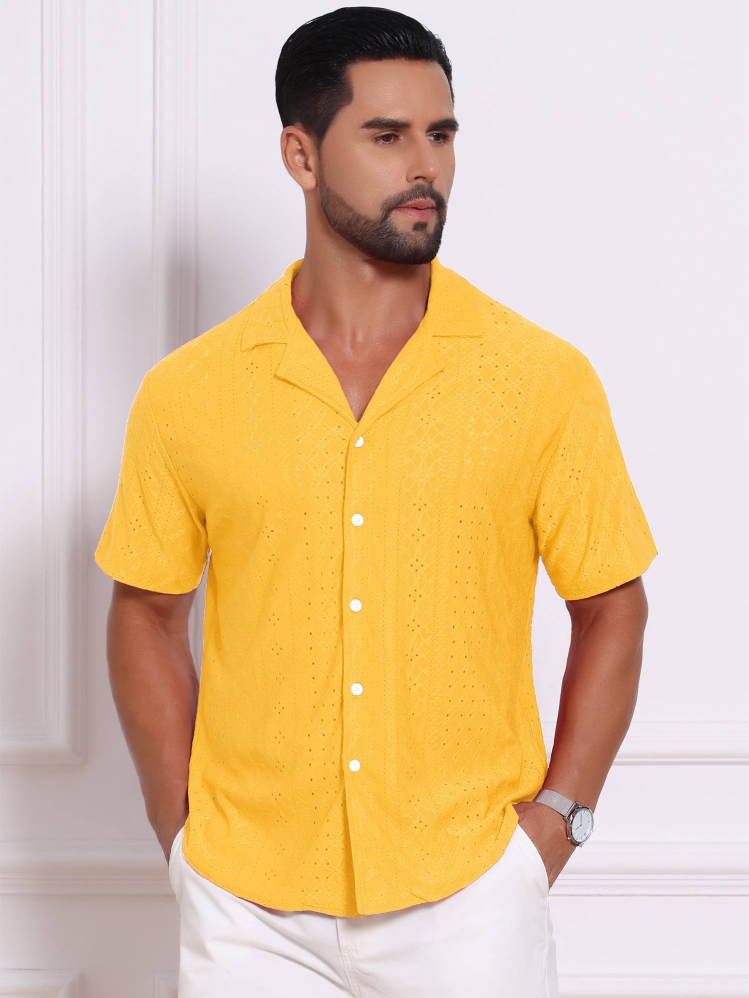 DARING DIVA Men's Hollow Texture Knit Short Sleeve Camp Collar Shirt 2XL Yellow