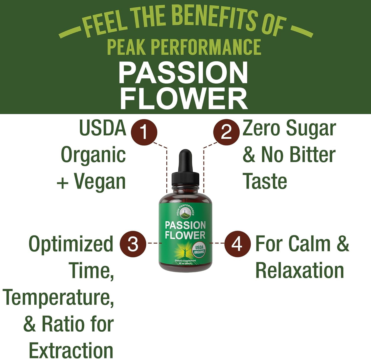 USDA Organic Passion Flower Extract Vegan Liquid Drops for Calm, Relaxation Support.