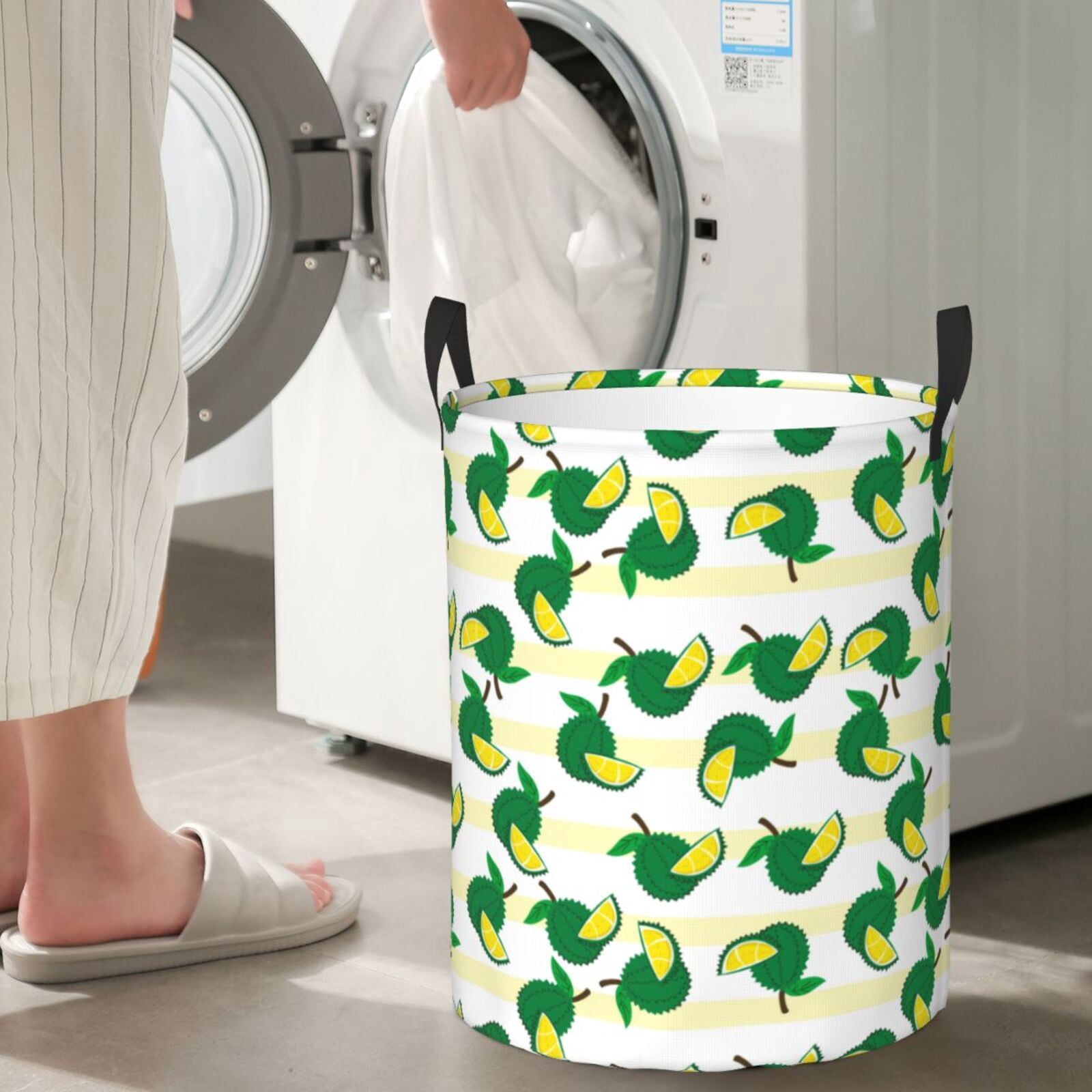 Large Laundry Basket with Handles - Cute Durian Stripe Kids Baby Dirty Clothes Laundry Hamper for Bedroom Aesthetic