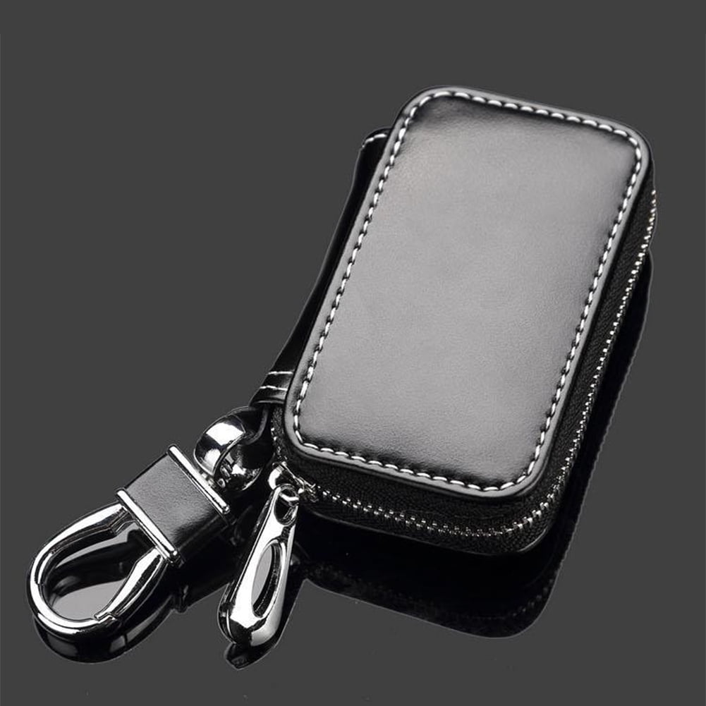 Buffway Car Key case,Genuine Leather Car Key Chain Keychain Holder Metal  Hook and Keyring Zipper Bag for Remote Key Fob - Black