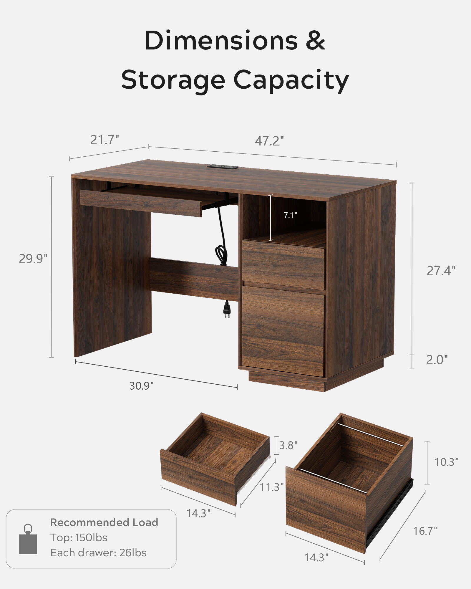 EYYTHUNG 47" Office Desk, Farmhouse Executive Desk with File Drawer & Outlet, Wood Computer Desks with Keyboard Tray, Brown
