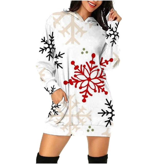 Vestidos Para Mujer Otoño Señoras Con Capucha Manga Larga Estampado Navideño Vestido Suelto Moda Mini Vestido Odeerbi ODB146676