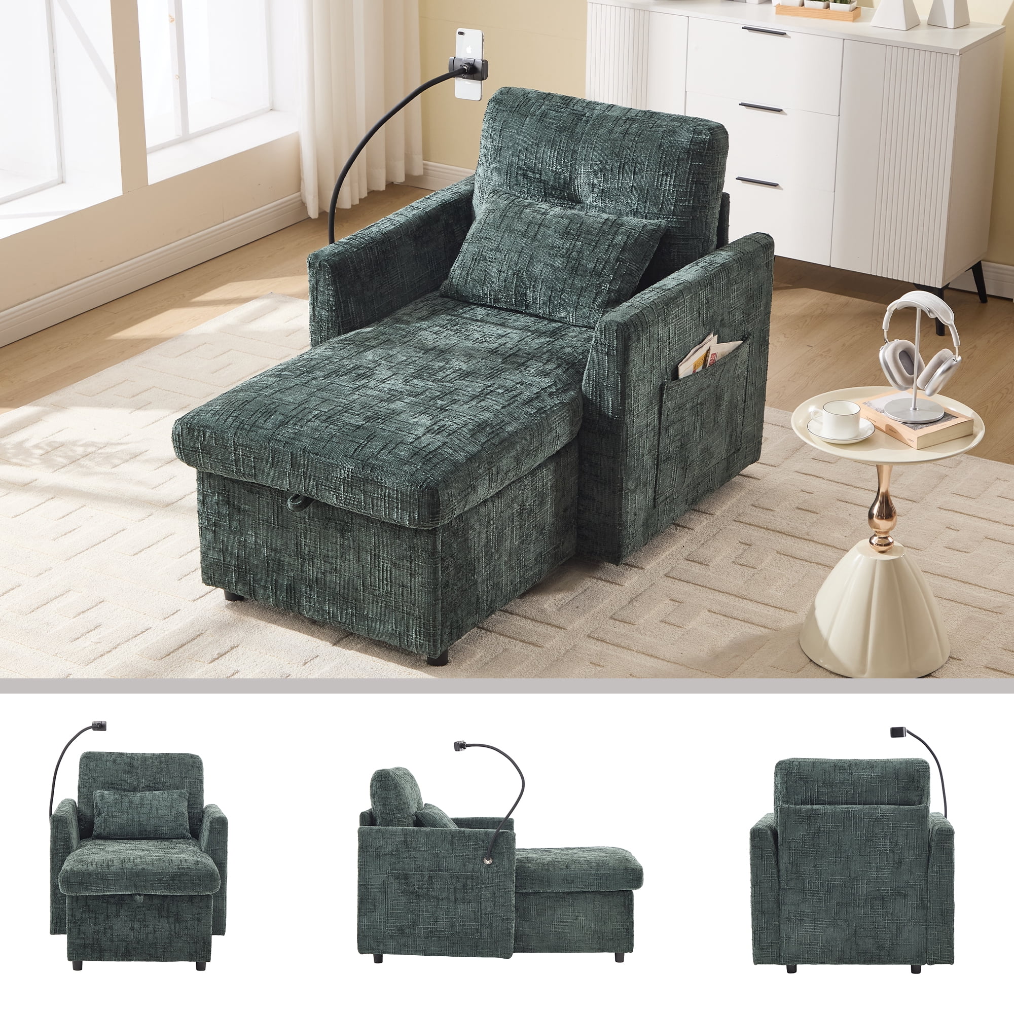 MOONMISS Chenille Upholstered Storage Lazy Single Leisure Chair Sofa with Phone Holder&Side Pocket-Emerald