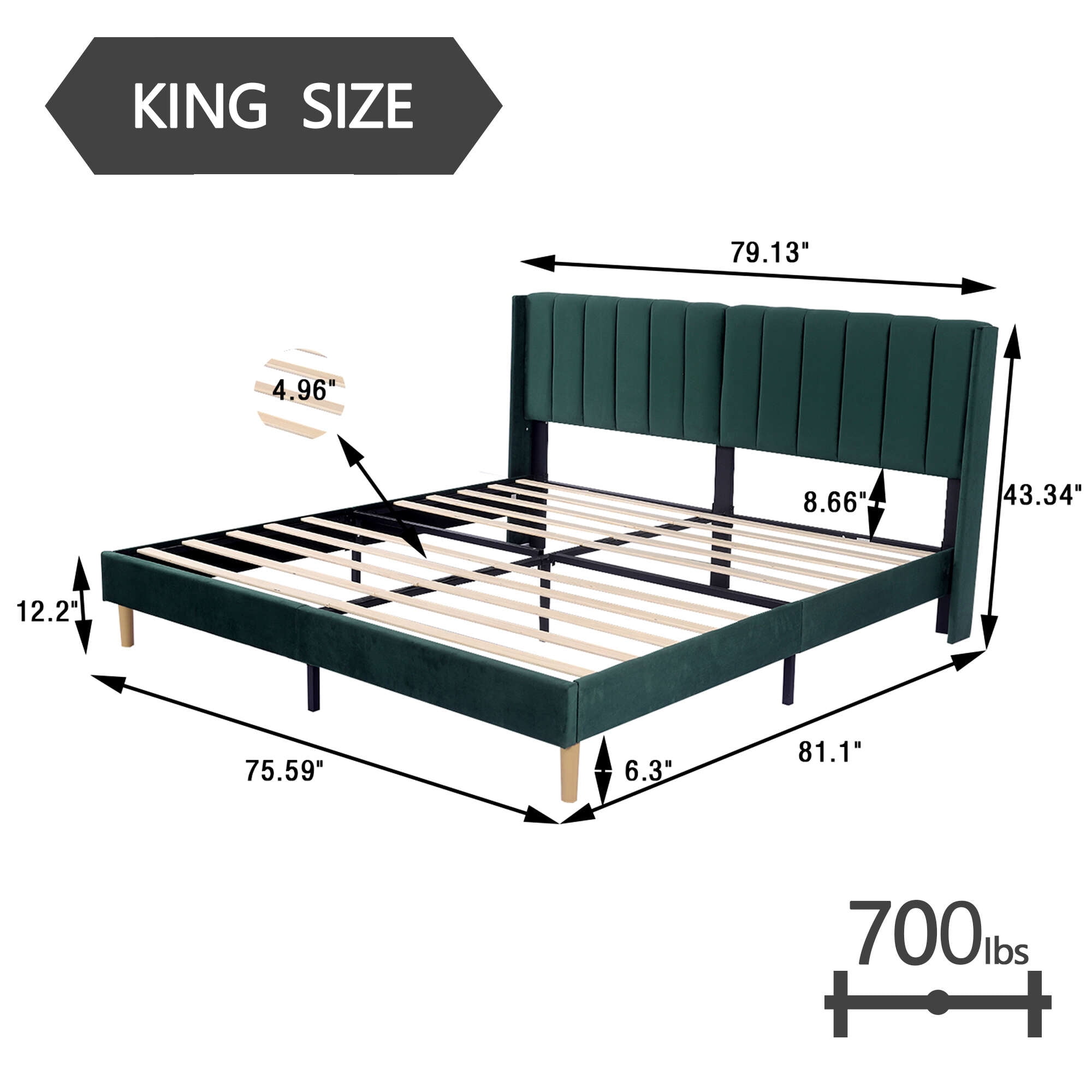 alazyhome King Size Upholstered Platform Bed Frame, Easy Assemble, Green Velvet