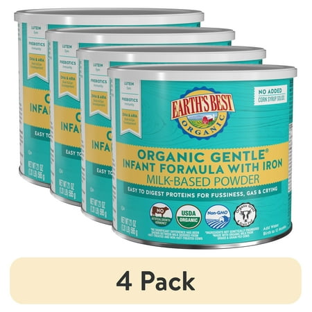 (4 pack) Earth's Best Organic Gentle Powder Baby Formula with Iron DHA & ARA, 21 oz Canister