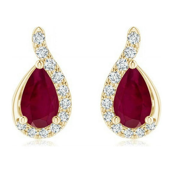 Angara Pear Shaped Natural Ruby Earrings with Diamond for Women in 14K Yellow Gold (Size-5x3mm) – July Birthstone Jewelry | Prong Set Ruby Earrings