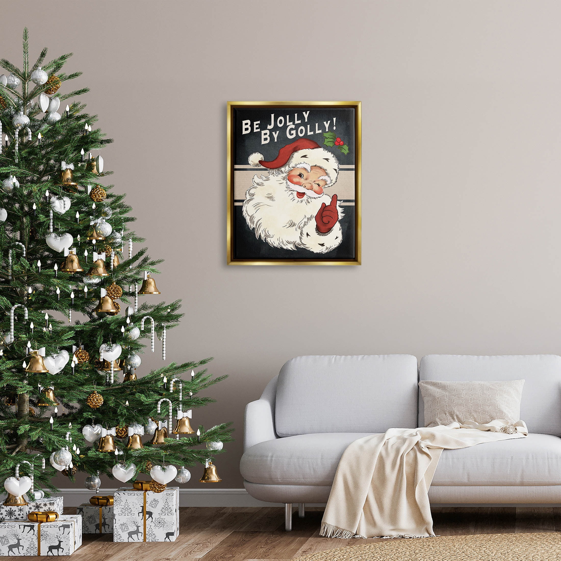 Be Jolly By Golly Vintage Christmas Santa Holiday Graphic Art Metallic Gold Framed Art Print Wall Art