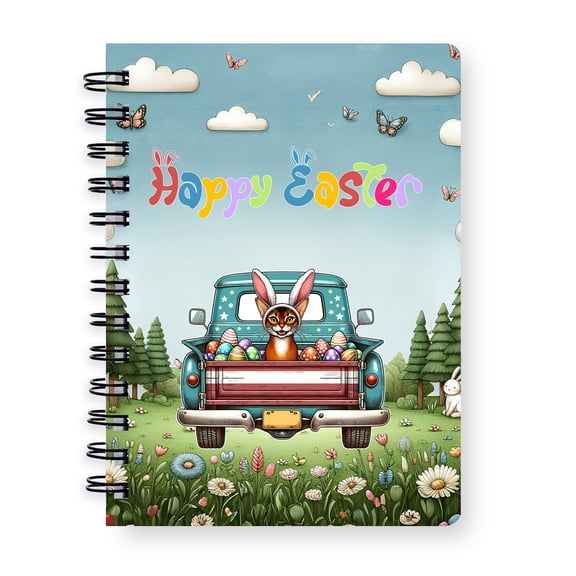 Happy Easter Abyssinian American Flag Truck Bunny Ears Spiral Bound Journal Cat Lover Kitten Owner Gifts 5x7in Spiral Notebook - 03001