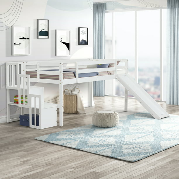 Low Loft Beds For Kids Twin Bed, Twin Size Low Loft Bed With Staircase