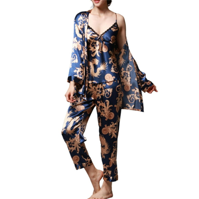 Women s Pajamas Set 3 Piece Silk Satin Sleepwear Printed Nightwear