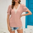 thumbnail image 2 of GYUJNB Women's Lace Basic V-Neck T-Shirts Puff Short Sleeve Loose Fitting Tunic Tank Tops,Pink, 2 of 6