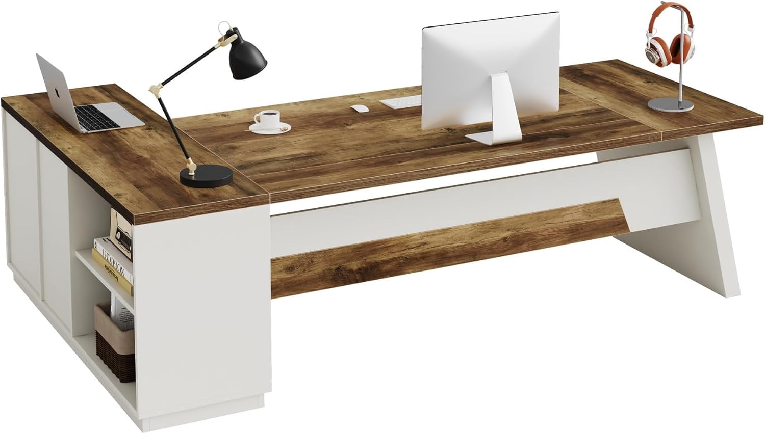 Modern L-Shaped Executive Desk 78-Inch Large Office Desk with Lateral File Cabinet and Storage Shelves Home Office Workstation Walnut Black