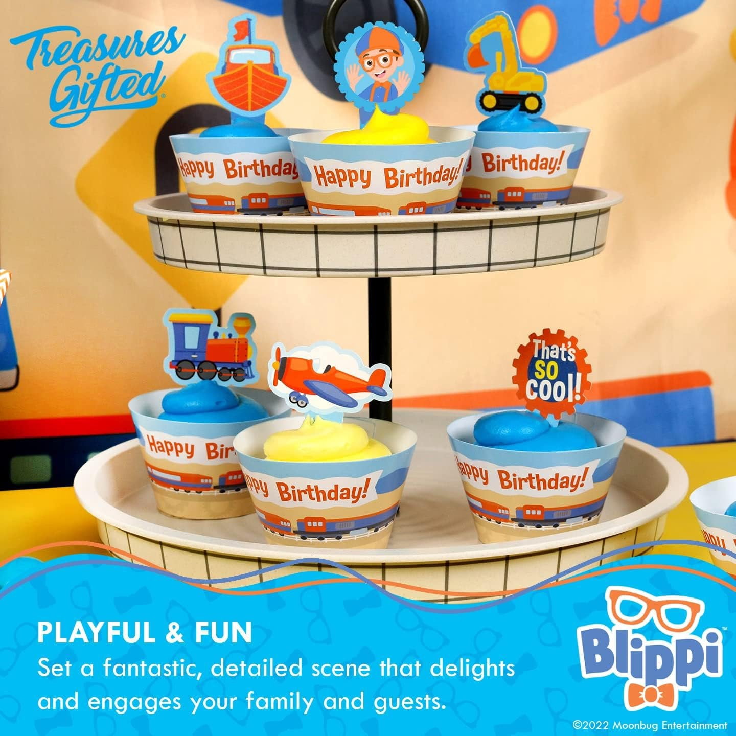 Blippi Birthday Cake Topper & Blippi Cupcake Toppers Kit Vehicle