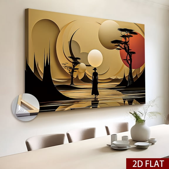 2D Flat 1pc Wooden Framed Extra Large Canvas Wall Art, Futuristic Landscape Canvas Print, Flowing Silhouette Wall Art, Abstract African Artwork, Golden Tones, Tranquil Serenity,