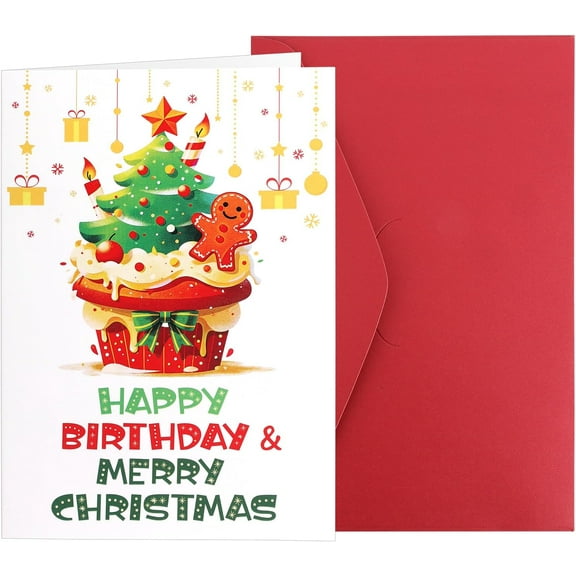 Happy Birthday & Merry Christmas Card – Cheerful Cupcake with Christmas Tree Design – Envelope Included, Blank Inside – Perfect Dual Celebration Greeting