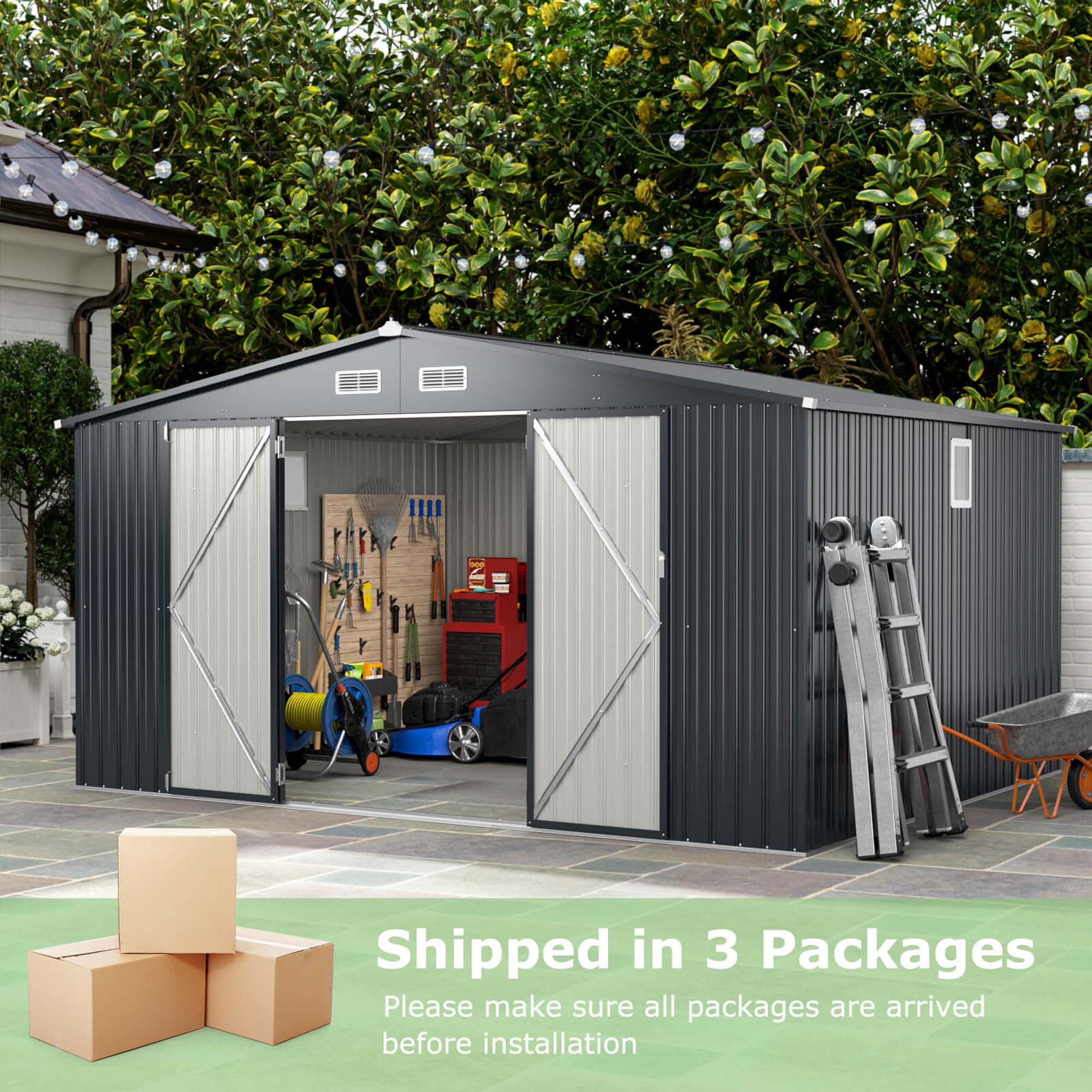 Costway 12 x 9.8 FT Outdoor Storage Shed All-Weather & Rustproof Galvanized Metal