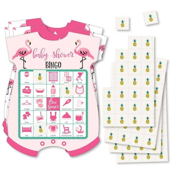 Big Dot of Happiness Pink Flamingo - Party Like a Pineapple - Picture Bingo Cards & Markers - Tropical Summer Baby Shower Shaped Bingo Game -Set of 18