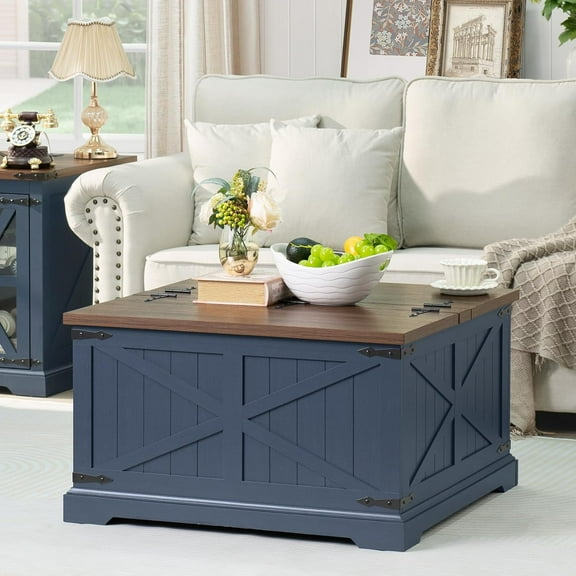 31.5" Blue Coffee Table with Large Hidden Storage, Square Lift Living Room Coffee Tables, Multi-Function Lift Wooden Barn Door Center Table