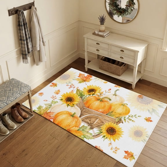 Area Rugs 3'x5', Thanksgiving Fall Carpet Runner Indoor Outdoor Rugs Home Decor Aesthetic, Watercolor Pumpkin Sunflowers Maple Leaf Non Slip Mats Washable Accent Rug for Living Room Bedroom