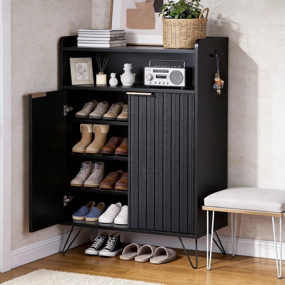 Ktaxon Wooden Shoe Cabinet with 3 Flip Drawers & 2 Storage Drawers for Hallway Bedroom Entryway, Black