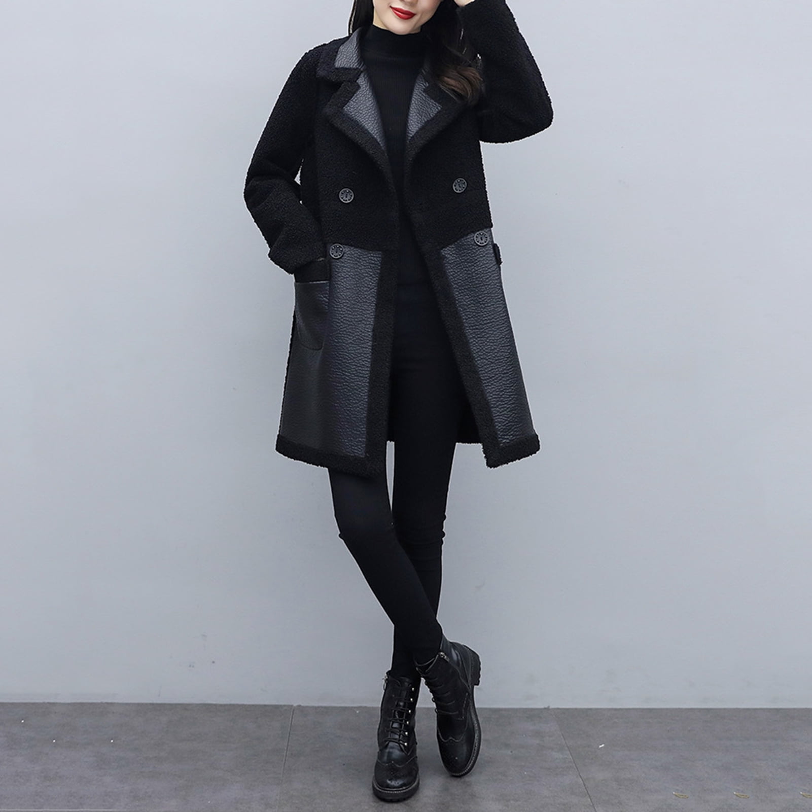 Autumn Winter Women Jacket Thickened Plush Faux Leather Patchwork Mid Length Plus Size Patch Pockets Double-breasted Turn-down Collar Overcoat