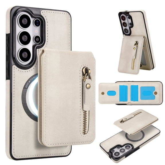Detachable Strong Magnetic Case for Samsung Galaxy S26 Ultra, 2-in-1 Zipper Card Slots Wallet Multi-view Kickstand PU Leather Phone Cover - Compatible with MagSafe Wireless Chargers, White