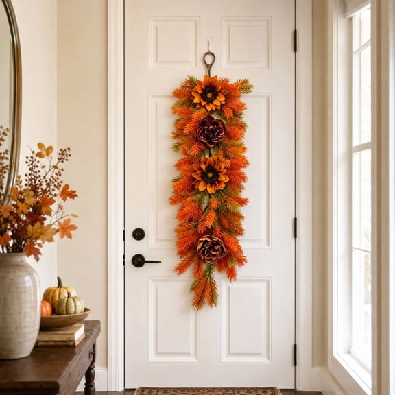 Cadancy Fall Garland Sunflower Maple Leaf Swag for Front Door Porch Wall Hanging Artificial Floral Teardrop Thanksgiving Decorations Autumn Harvest Seasonal Home Decor
