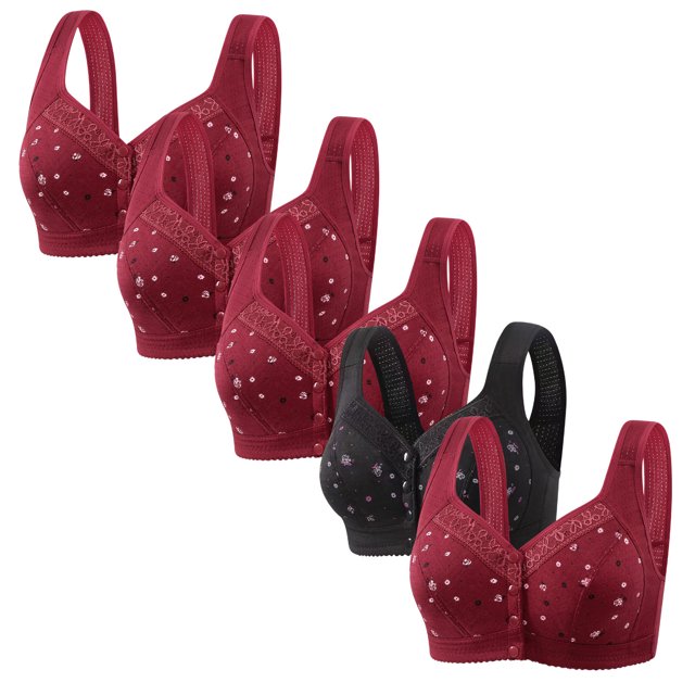 Latrodar Bras for Women Front Closure Plus Size Bras for Women 5PCS Supportive Brassiere Wirefree Posture Correcting Retro Bralettes with Wide Straps Solid Embroidered Underwear for Ladies Gym