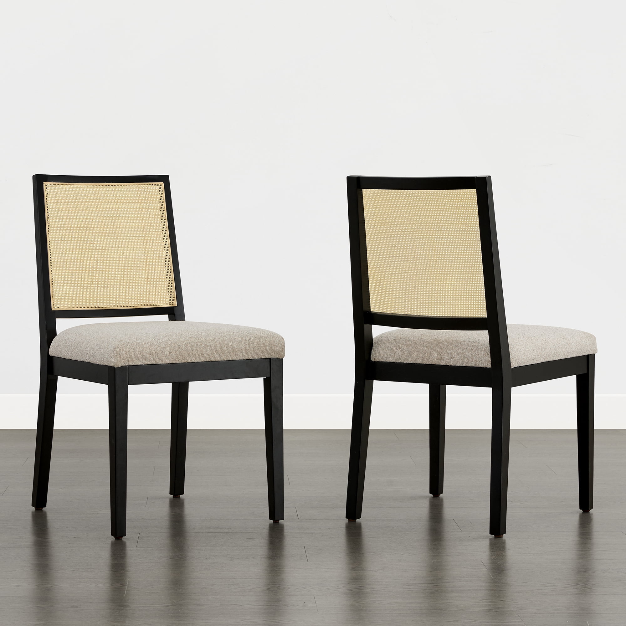 Spruce & Spring Boho Dining Chairs Set of 2 with Hand-Woven Natural Rattan Back, Upholstered Seat & Solid Wood Frame for Dining Room & Kitchen, Oatmeal Fabric