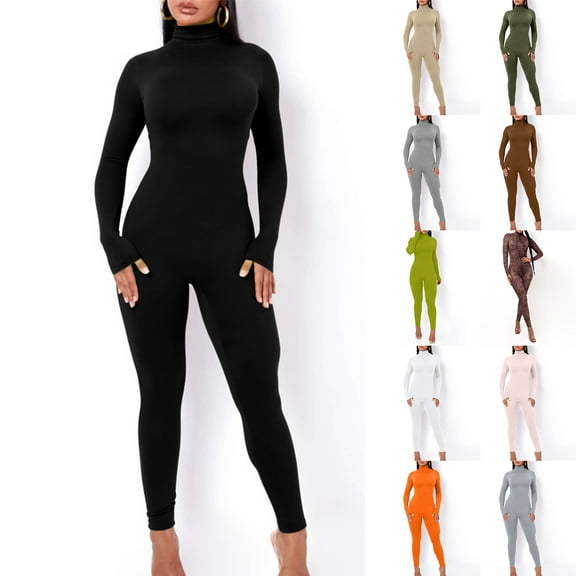 HAPIMO Women's Fitness Jumpsuit One-Piece Tights Summer Sale Solid Long Sleeve High Neck Trousers for Girls Leisure Yoga Sports Slim Fashion Comfy Black S