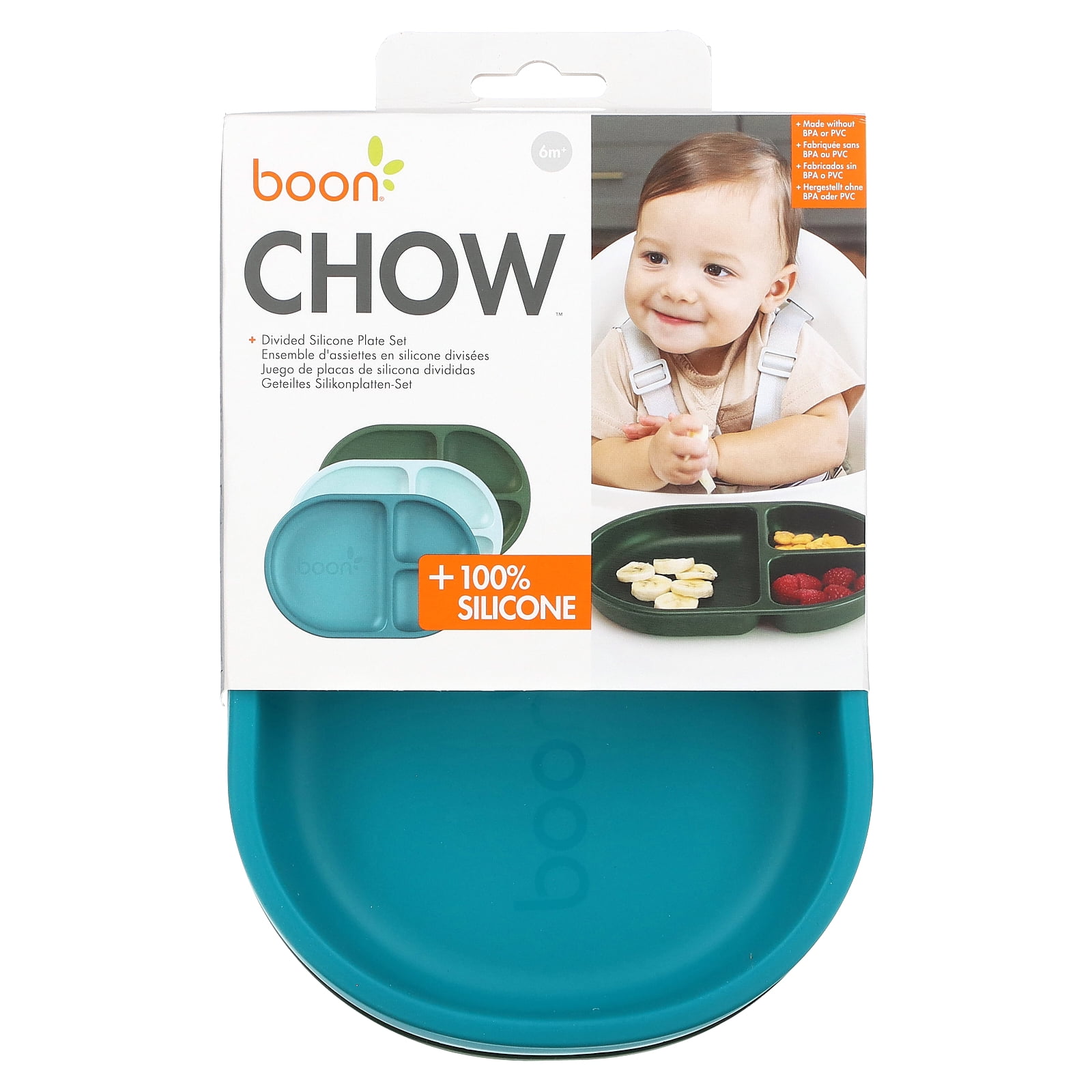 Boon Chow Silicone Plate Set - 3 Unbreakable Divided Toddler Plates - Baby Plates for 6 Months and Up - Baby Led Weaning Supplies - Blue Multicolor