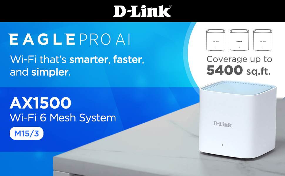 D-Link M15/3, Eagle Pro AI Mesh WiFi 6 Router System (3-Pack) - Multi-Pack for Smart Wireless Internet Network, Compatible with Alexa and Google, AX1500 - image 5 of 17