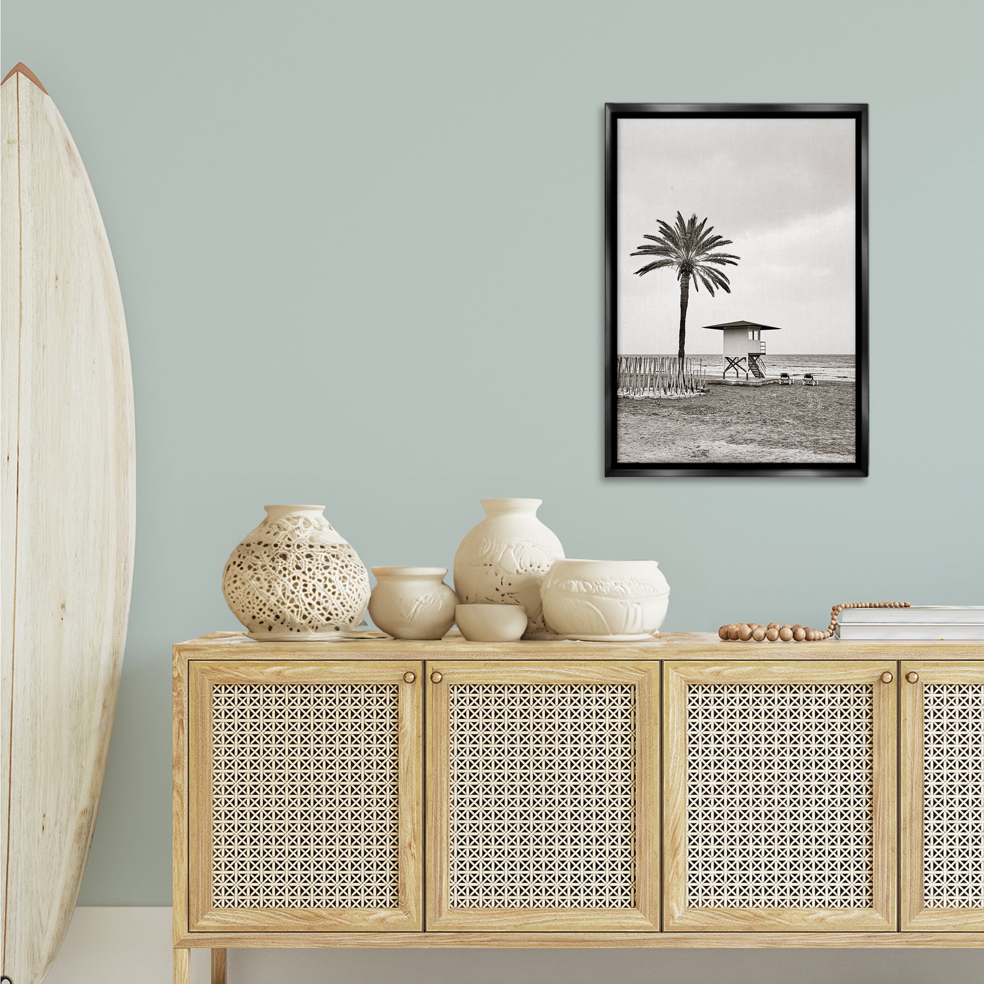 Stupell Industries Lifeguard Tower & Palm Landscape & Nature Photography Black Floater Framed Canvas Art Print Wall Art, 21 x 31