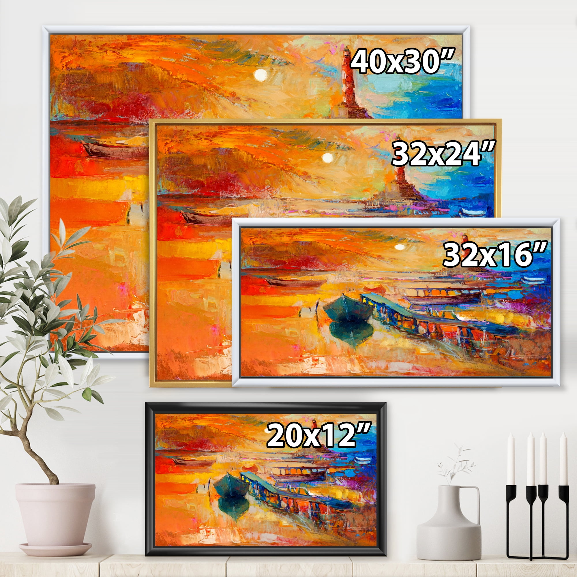 Designart 'Boats Near Coastal Town Resting On The Water III' Nautical & Coastal Framed Canvas Wall Art Print