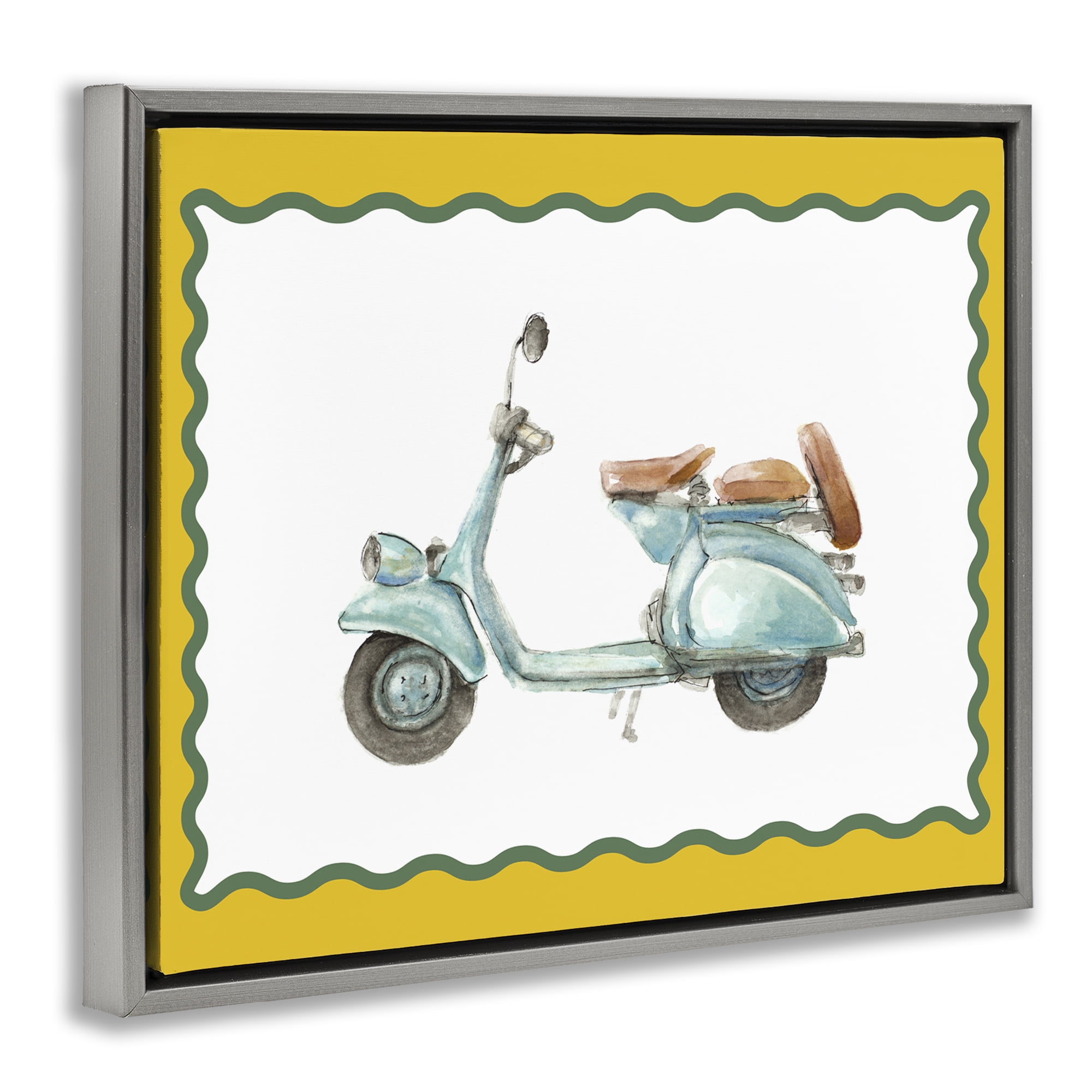 Stupell Industries Blue Vespa with Yellow Border Gray Framed Floater Canvas Wall Art, design by Lanie Loreth