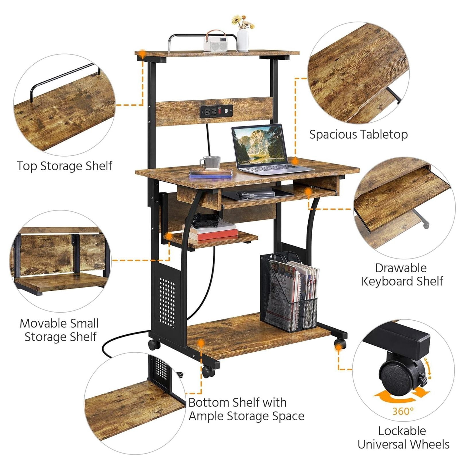3 Tiers Rolling Computer Desk with Power Outlet and USB Ports for Space Saving, Home Office Desk with Keyboard Tray and Printer Shelf on Wheels, Laptop PC Workstation Table, Rustic Brown