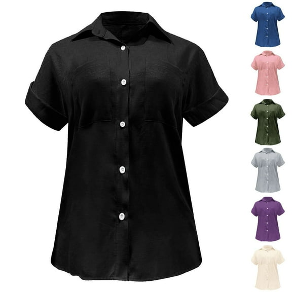 Womens Short Sleeve Cotton Shirt Spring Fall Casual Style With Dual Pockets Comfort Top