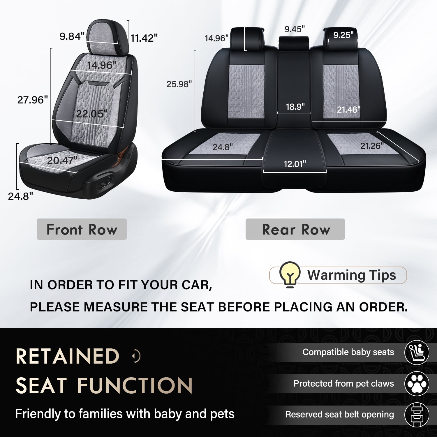 Coverado Full Set Car Seat Covers, Front and Back Seat Protectors, Faux Leather & Flannel Fashion Auto Accessories, Universal Fit Most Cars, SUVs Pickup Trucks, Black&Gray