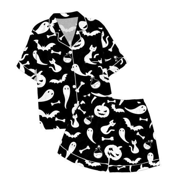 Curuila Kids Girls Halloween Pajamas Set Short Sleeve Hallowmas Cartoon Print Lapel Button Down Pjs Tops With Shorts For Party Casual Sleepwear Black Size 2-3 Years